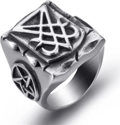 خواتم شيطانية للرجال مصنوعة من الفولاذ المقاوم للصدأ سيجيل لوسيفر/ختم الشيطان بافوميت الخماسي ليفياثان مجوهرات رمز الشيطان in Kuwait