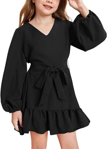 فساتين للفتيات من عمر 5 إلى 12 سنة، فستان أطفال بأكمام طويلة، كاجوال برقبة على شكل V، بحزام، ملابس عصرية للفتيات المراهقات in Kuwait