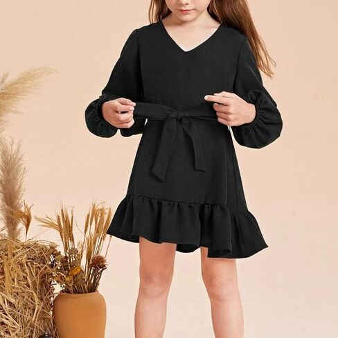 فساتين للفتيات من عمر 5 إلى 12 سنة، فستان أطفال بأكمام طويلة، كاجوال برقبة على شكل V، بحزام، ملابس عصرية للفتيات المراهقات in Kuwait