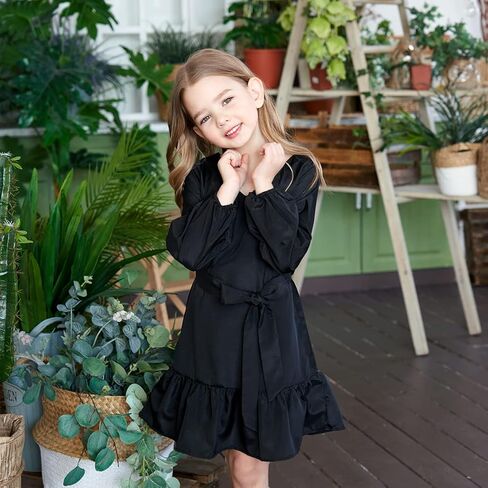 فساتين للفتيات من عمر 5 إلى 12 سنة، فستان أطفال بأكمام طويلة، كاجوال برقبة على شكل V، بحزام، ملابس عصرية للفتيات المراهقات in Kuwait