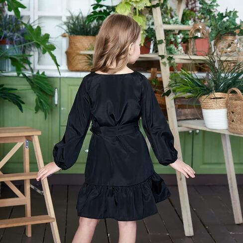 فساتين للفتيات من عمر 5 إلى 12 سنة، فستان أطفال بأكمام طويلة، كاجوال برقبة على شكل V، بحزام، ملابس عصرية للفتيات المراهقات in Kuwait