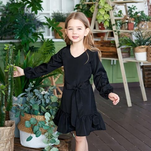 فساتين للفتيات من عمر 5 إلى 12 سنة، فستان أطفال بأكمام طويلة، كاجوال برقبة على شكل V، بحزام، ملابس عصرية للفتيات المراهقات in Kuwait