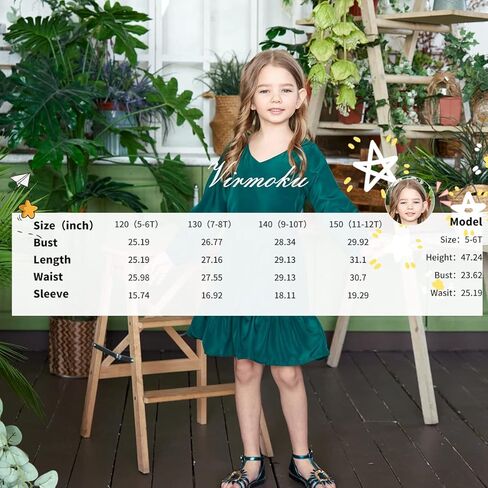 فساتين للفتيات من عمر 5 إلى 12 سنة، فستان أطفال بأكمام طويلة، كاجوال برقبة على شكل V، بحزام، ملابس عصرية للفتيات المراهقات in Kuwait