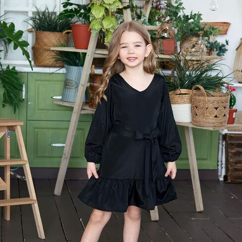 فساتين للفتيات من عمر 5 إلى 12 سنة، فستان أطفال بأكمام طويلة، كاجوال برقبة على شكل V، بحزام، ملابس عصرية للفتيات المراهقات in Kuwait
