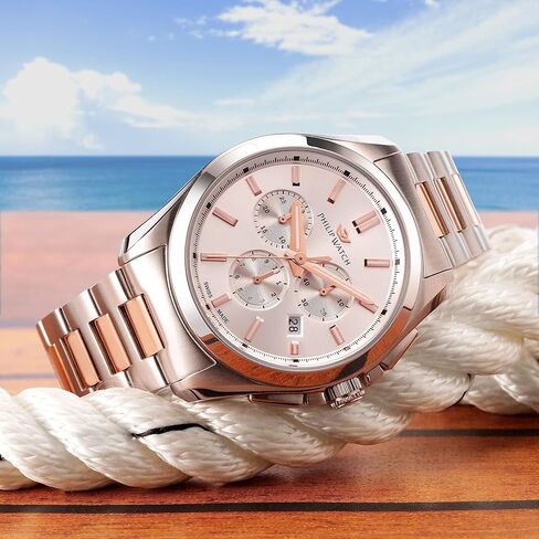 AMALFI 43MM CHRO W/SILVER DIAL BR SS+RG, Silver, Pink in Kuwait