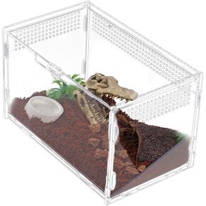 JOBEDE Acrylic Jumping Spider Terrarium Enclosure, Mini Reptile Tank Habitat with Locking Acrylic Spider Feeding Box for Tarantula Small Tree Dwelling Reptiles Insect (8x5x5 Inch)