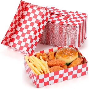 Norme 100 Pcs Red Checkered Cardboard Food Tray 8.6" x 5.5" x 2.3" 4 Corner Pop up Paper Snack Serving Tray Disposable Snack Holder Food Box Container Boats for Popcorn Movie Night Supplies Theater