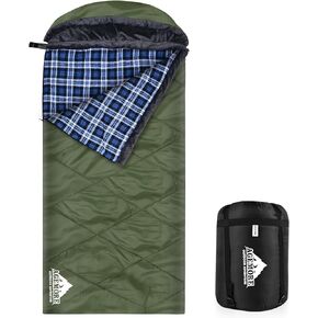 AGEMORE Cotton Flannel Sleeping Bag with Fleece Lined Hood, Waterproof XL Sleeping Bag for Adults, Cold Weather Sleeping Bag for Camping Backpacking or Hiking, 3-4season with Compression Sack