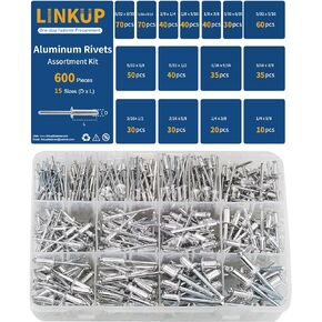 Linkup 600pcs 15 Sizes Aluminum Blind Rivets, Pop Rivets Assortment Kit (Silver) (3/32"" 1/8"" 5/32"" 3/16"" 1/4"") Mushroom head break mandrel blind rivets1