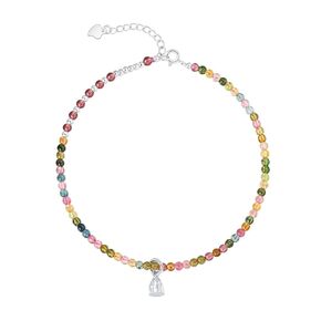 DAUMIER Handmade Anklets Multicolor Tourmaline Beads Gemstone Jewelry Silver Gift for Women 10inch