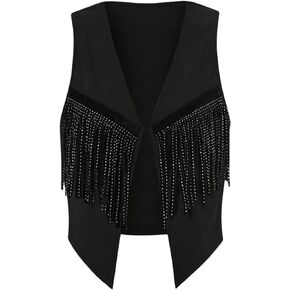 Verdusa Women's Rhinestone Fringe Crop Vest Sleeveless Open Front Cardigan Jacket