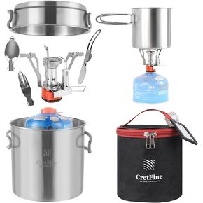 Backpacking Cooking Set with Mini Stove, Stainless Steel Camping Cookware with Carrying Bag for 1-2, Camping, Hiking, Backpacking, Bushcraft and Picnic