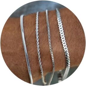 MosFlor Silver Bracelet for Men Women, Mens Bracelet Stainless Steel Bracelet Stack Cuban Link Bracelet Silver Chain Bracelet Sets Mens Bracelet Pack Silver Jewelry Custom Bracelets for Men Teen Boys