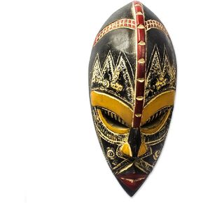 NOVICA Light Brown Handcrafted Nigerian Wood Wall Mask with Aluminum Accents, King's Companion'