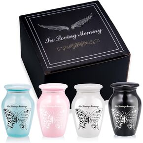 Small Keepsake Urns for Human Ashes - Set of 4 - Mini Funeral Urn Butterfly Cremation Urns for Ashes, Ceramic Memorial Ashes Holder Share Urn with Family & Friends