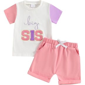 Lesimsam Toddler Baby Boy Girl Big Bro/Sis Lil Bro/Sis Embroidery T Shirt Shorts Set Sibling Matching Outfits Summer Clothes