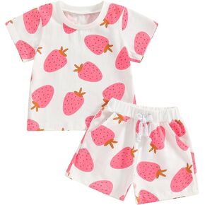 Gueuusu Toddler Baby Girl Clothes Strawberry Print Short Sleeve T Shirt Elastic Waist Shorts Sweet Summer 2 Piece Outfit Set
