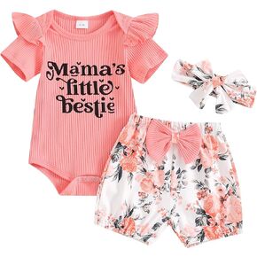 Adobabirl Baby Girl Newborn Clothes Short Sleeve Ribbed Romper Onesie Ruffle Shorts Bloomers Headband Summer Outfits Set