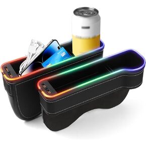 RGB Color Changing LED Car Seat Gap Filler Organizers Console Side Storage Box with Cup Holders and USB Chargers for Car Interior Accessories (2 Pack) Xmas Gifts