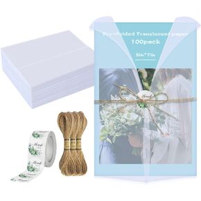 سترات Vellum لدعوات 5x7 - 100 عبوة من ورق Vellum الشفاف المطوي مسبقًا مع ملصقات شكر دافئة، وخيوط، لبطاقات الزفاف، وحفلات استقبال المولود الجديد، وحفلات أعياد الميلاد، وأختام المغلفات، وصندوق الهدايا in Kuwait
