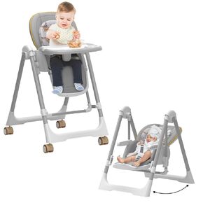 High Chairs for Babies and Toddlers, Baby Swings for Infants, Foldable High Chair with Wheels,5 Adjustable Height,4-Position Backrest, 3 Footrest Positions, Double Removable Tray(Khaki)