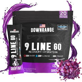 مكملات DownRange 9 Line Go Recovery + عبوات مسحوق الترطيب، والكهارل، والأحماض الأمينية ومسحوق ماء جوز الهند لاستعادة العضلات، والطاقة، والإماهة، 20 عصا (AF أمريكي - لكمة الكرز)