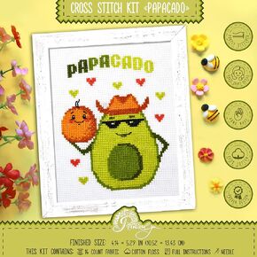 Povitrulya Counted Cross Stitch Kit 'Papacado' - Embroidery Set with Pre-Sorted Cotton Floss, 14 Count Aida Fabric, Paper Pattern, DIY Gift, Baby Shower and New Parents Present