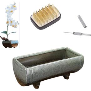 Japanese Flower Frog Ikebana Vase Kit, Ceramics Flower Container (6.7"Lx3.4"Wx2.75"H) with Rectangle Floral Frog (2.1"Lx1.4"W) and 2 in 1 Kenzan Needle Straightening Tool