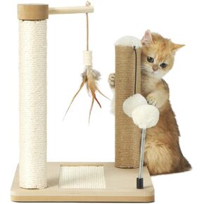PAWSFANS Small Cat Scratching Post Toys,Sisal Jute 2 Scratch Posts for Kittens and Cats,Hanging Ball with Feather Spring Ball 16inches Beige