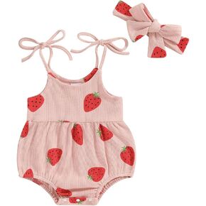 ALOPCFWM Baby Girl Summer Clothes Strawberry Waffle Knit Romper Sleeveless Straps Bubble Romper Headband Cute Outfit in Saudi Arabia