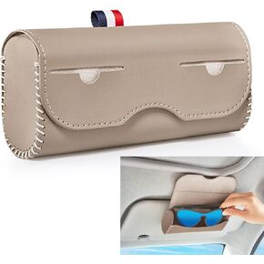 HOLDCY Sunglasses Holder for Car Sun Visor, Leather Sunglasses Box with Ticket Card Clip - Hidden Magnetic Closure, Car Visor Accessories Apply to All Car Models (Beige)