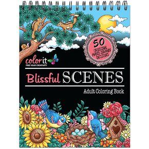 Blissful Scenes Adult Coloring Book - Features 50 Original Hand Drawn Designs Printed on Artist Quality Paper, Hardback Covers, Spiral Binding, Perforated Pages, Bonus Blotter
