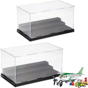 RHBLME 2 Pack Display Case for Minifigures Action Figures Blocks, Clear & Dustproof Acrylic Minifigure Display Case Box Storage with 3 Movable Steps, Figure Display Case for Lego Lovers