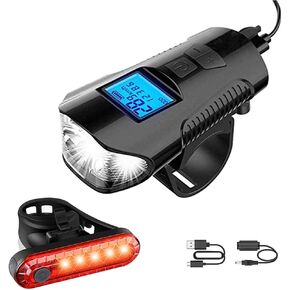 SUYA Bike Light Set,Bicycle Headlight with Horn and Speedometer Odometer,USB Rechargeable Bike Front Light and Tail Light,Fits All Mountain & Road Bike