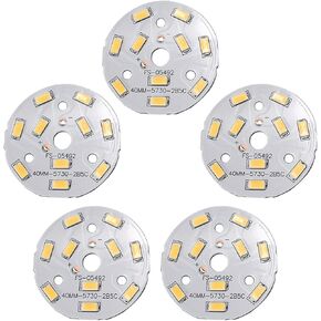 Bettomshin 5Pcs 40mm Dia LED Chip Circular Module 5W Aluminum Warm White 6500K High Power 300mA for Floodlight Lamp