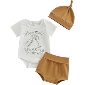 Auntie's Drinking Buddy Baby Boy Shorts Outfit Letter Print Romper Bodysuit Hat Summer Short Sleeve Clothes