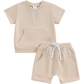 Sprifallbaby Baby Boy Clothes Set Infant Toddler Summer Outfit Short Sleeve Solid Color T-shirt Tops Pocket Shorts Set