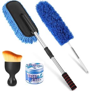 Lsyomne Extendable Car Duster Exterior Scratch Free, Soft Microfiber Duster with Long Pole, 3 Pack Multipurpose Car Duster Brush Car Cleaning Gel Kit for Car, Truck, SUV, RV & Home