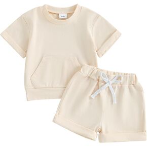 Sprifallbaby Baby Boy Clothes Set Infant Toddler Summer Outfit Short Sleeve Solid Color T-shirt Tops Pocket Shorts Set