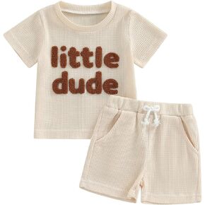 Baby Boy Summer Clothes Toddler Boys Short Sleeve Little Dude Embroidery Letter Shirt Top Solid Color Short Outfit