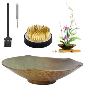CRAFFANCY Flower Arranging Supplies, Set of 2, Round Flower Frog & Ceramic Lotus Leaf Pot Flower Pot for Ikebana Floral Arrangement Art Home Office Decoration