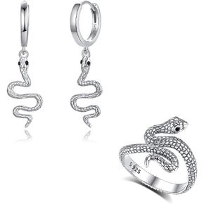 Vito 925 Sterling Silver Snake Earrings and Ring Set for Women Girls, Punk Cool Snake Drop Earrings Adjustable Open Ring Jewelry Set Gift for Teen Girls Sisters