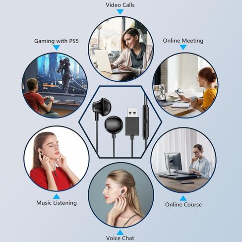 Aolcev 6.6FT Gaming Headsets for PC USB Headset with Microphones Gaming Headphones for PS5 PS4 Gaming Earbuds for Computer Laptop MacBook USB Headphones for Office and Live Broadcast Black in Kuwait