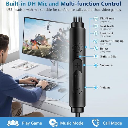 Aolcev 6.6FT Gaming Headsets for PC USB Headset with Microphones Gaming Headphones for PS5 PS4 Gaming Earbuds for Computer Laptop MacBook USB Headphones for Office and Live Broadcast Black in Kuwait