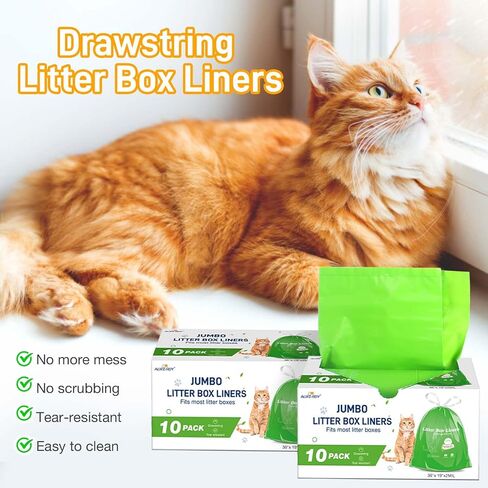 Cat Litter Box Liners 10-Pack, Heavy Duty Cat Litter Liners Jumbo Tear Resistant Waterproof Drawsting Extra Durable Easy Clean Up Fits Most Litter Boxes, Litter Box Liners 36" * 19", 10-Pack in Saudi Arabia