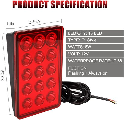 MIHAZ F1 نمط ضوء الفرامل، العالمي الخلفي الذيل IP68 مصباح فلاش مقاوم للماء 15 LED 12V مستطيل تحذير الطيار أضواء الخياطة عدة لسيارة الدفع الرباعي دراجة نارية (أسود) in Kuwait
