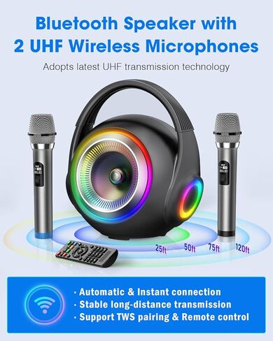 XZL Bluetooth Speaker with 2 Wireless Microphones, Karaoke Machine Portable PA System, Powerful, Crystal-clear Treble & Rich Bass, Adjustable Sound Effects, Loud Sound with Larger Coverage in Kuwait