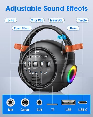 XZL Bluetooth Speaker with 2 Wireless Microphones, Karaoke Machine Portable PA System, Powerful, Crystal-clear Treble & Rich Bass, Adjustable Sound Effects, Loud Sound with Larger Coverage in Kuwait