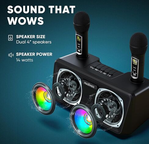 آلة كاريوكي ماسينجو للبالغين والأطفال مع 2 ميكروفونات لاسلكية، ومكبر صوت بلوتوث محمول للغناء، وأضواء LED ملونة، ونظام PA، وحامل هاتف لعرض الكلمات، وكابل تلفزيون. المعزوفة G2 in Kuwait