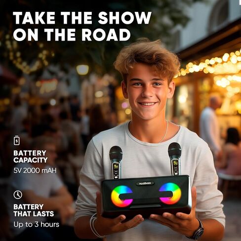 آلة كاريوكي ماسينجو للبالغين والأطفال مع 2 ميكروفونات لاسلكية، ومكبر صوت بلوتوث محمول للغناء، وأضواء LED ملونة، ونظام PA، وحامل هاتف لعرض الكلمات، وكابل تلفزيون. المعزوفة G2 in Kuwait